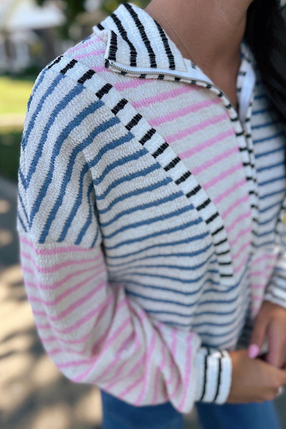 Multicolour Striped Color Block Patchwork Half Zip Drop Shoulder Long Sleeve Top PREORDER