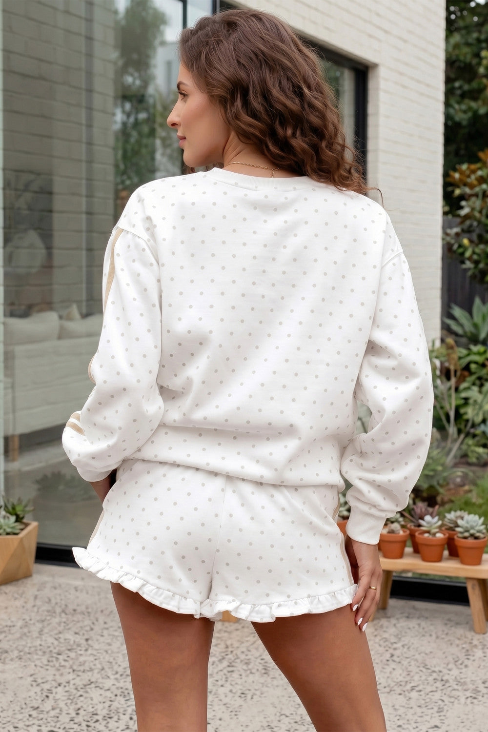 White Polka Dot Print Side Stripe Detail Casual Sweatshirt 2pcs Short Set - PREORDER
