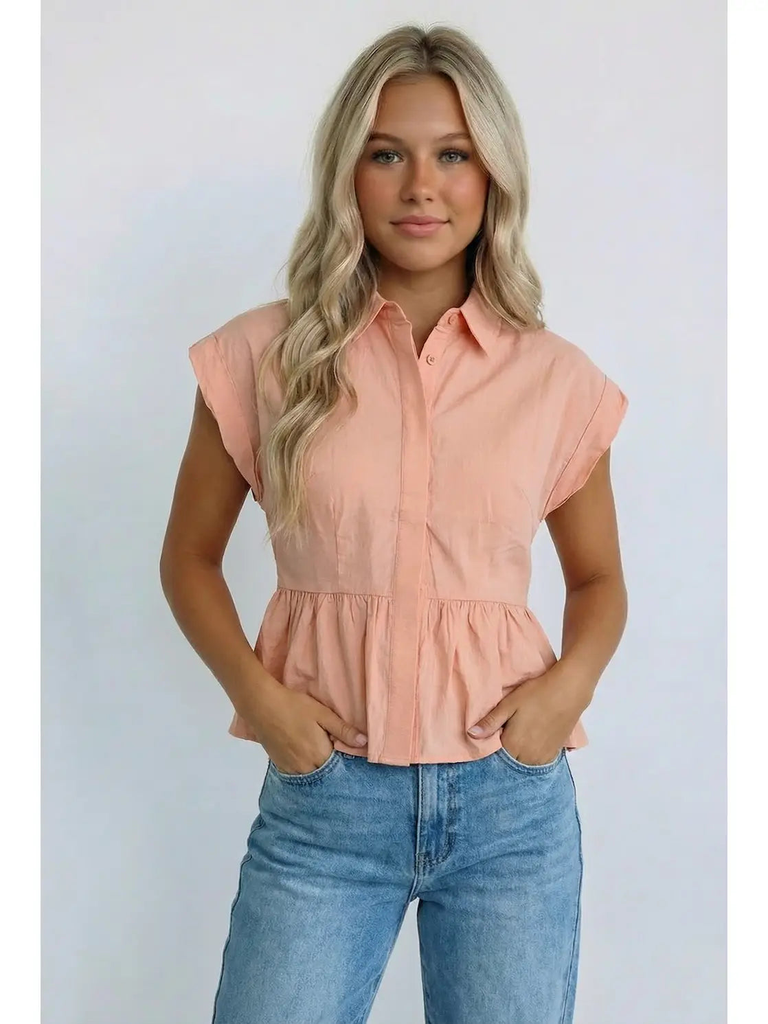 Peach Button Down Babydoll Solid Woven Blouse