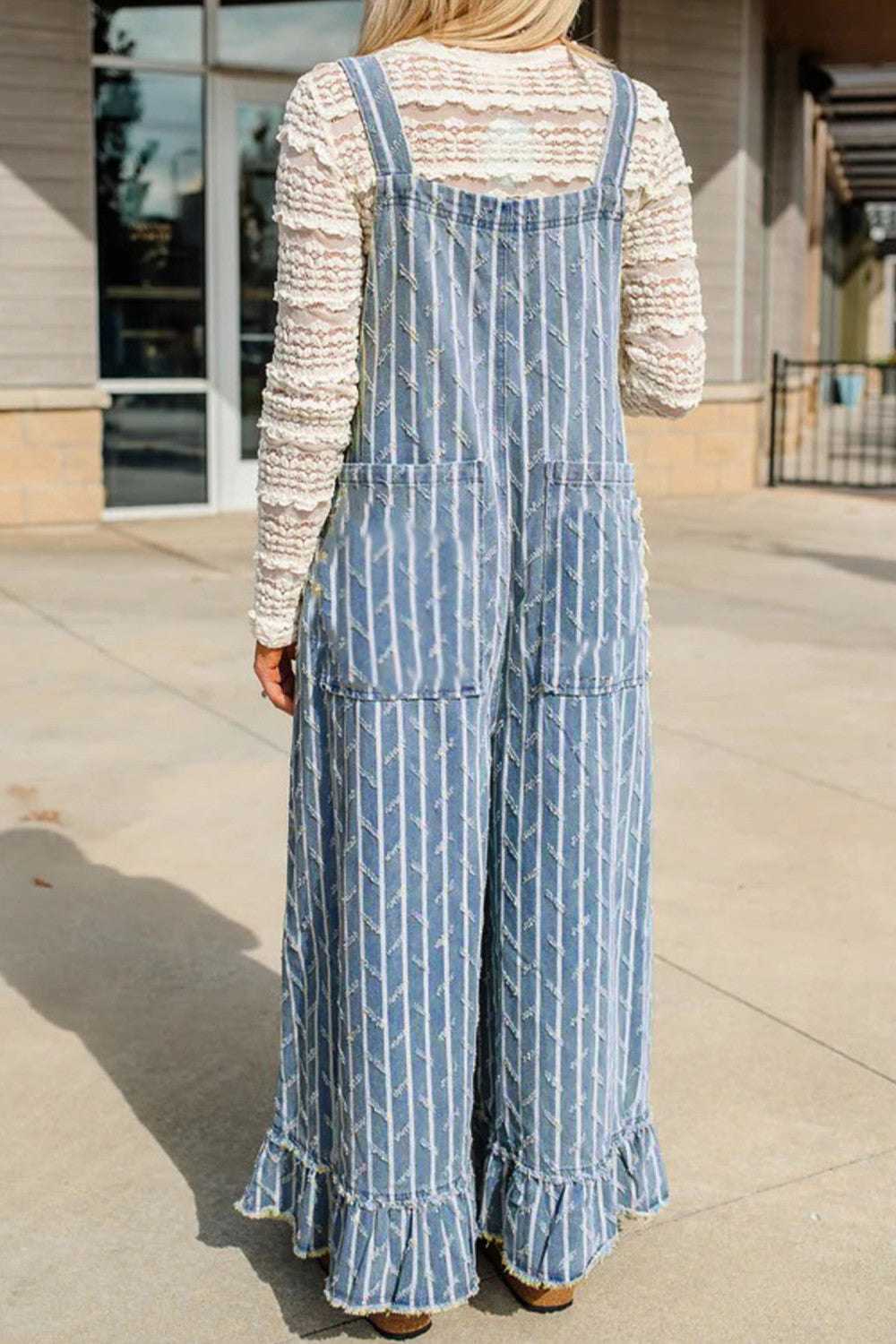 Striped Distressed Ruffled Wide Leg Denim Overalls - PREORDER