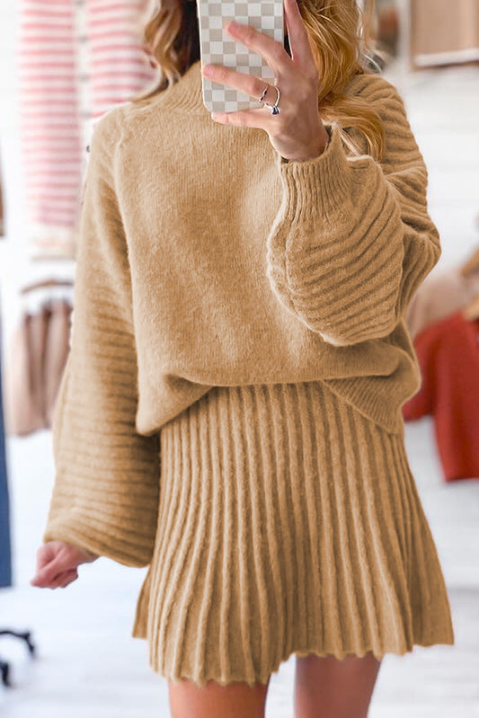 Tan High Neck Puff Sleeve Sweater Pleated Mini Skirt 2pcs Knitted Outfit - PREORDER