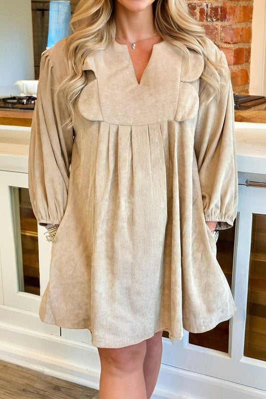 Parchment Notched Neck Scallop Detail Plus Size Mini Dress - PREORDER