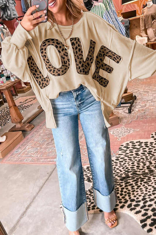 Parchment Oversize Leopard LOVE Patched Graphic Round Neck Casual Sweatshirt - PREORDER