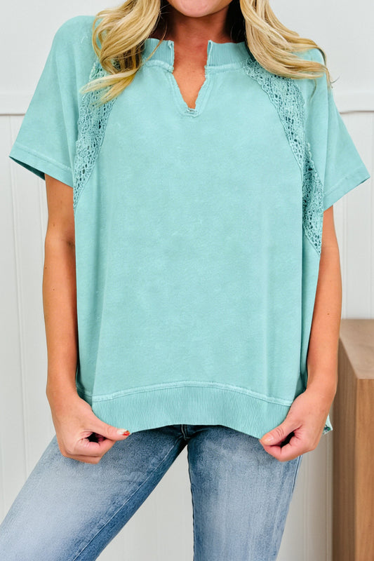 Mint Green Raw Cut Notched Neck Lace Patchwork Detail Mineral Wash Tee - PREORDER