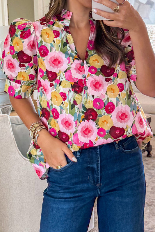 Pink Floral Frilled V Neck Puff Short Sleeve Blouse - PREORDER