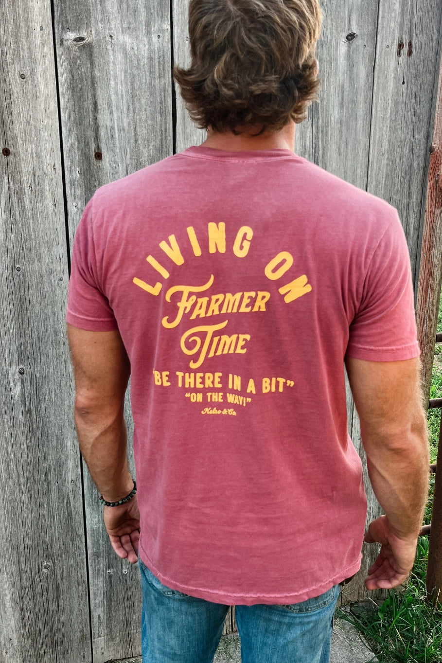 Living On Farmer Time Graphic Tee in Brick