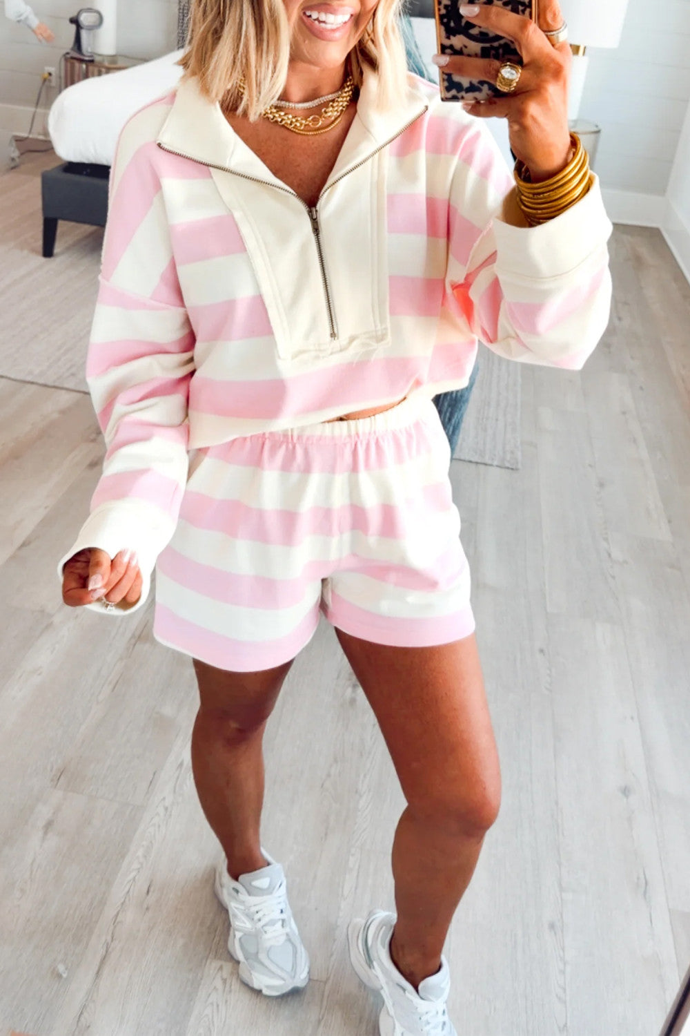 Pink Stripe Striped Zipper Pullover Shorts Set Two Piece Casual Pants  - PREORDER