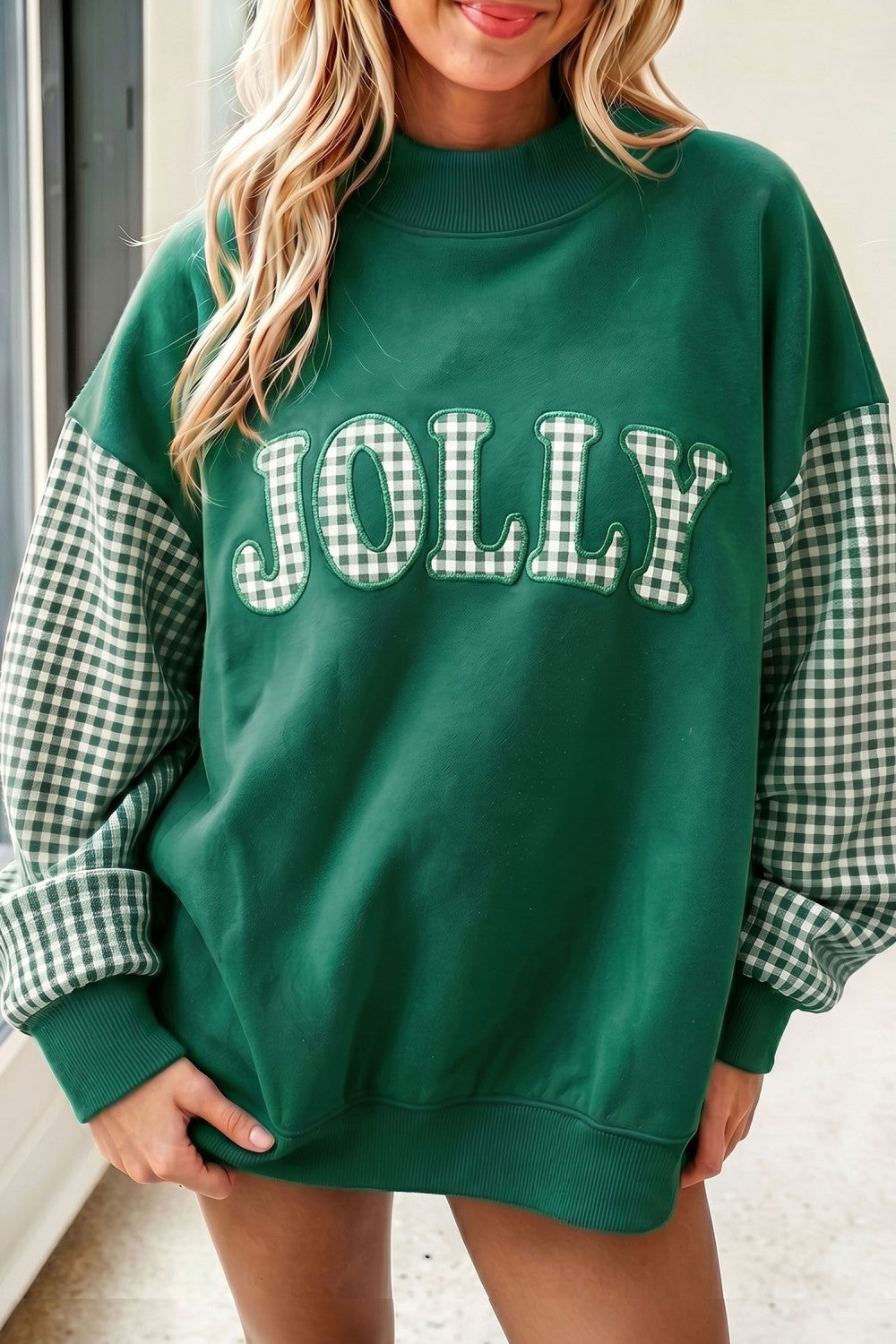 Jolly Evergreen Gingham Plaid Oversized Pullover Sweatshirt - PREORDER