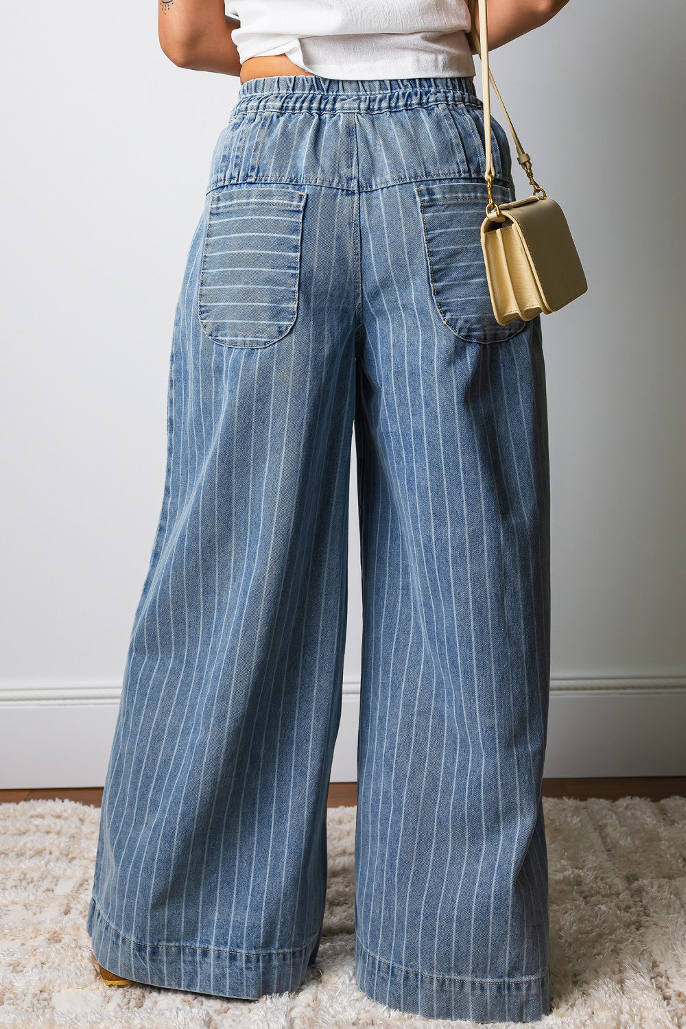 Sky Blue Stripe Button Pleated Drawstring Waist Casual Wide Leg Jeans - PREORDER