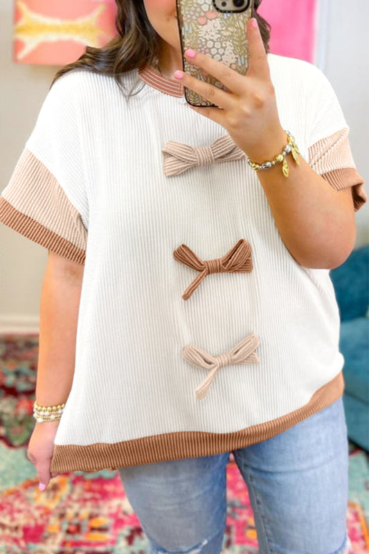 Apricot Bowknot Applique Plus Size Ribbed Top - PREORDER