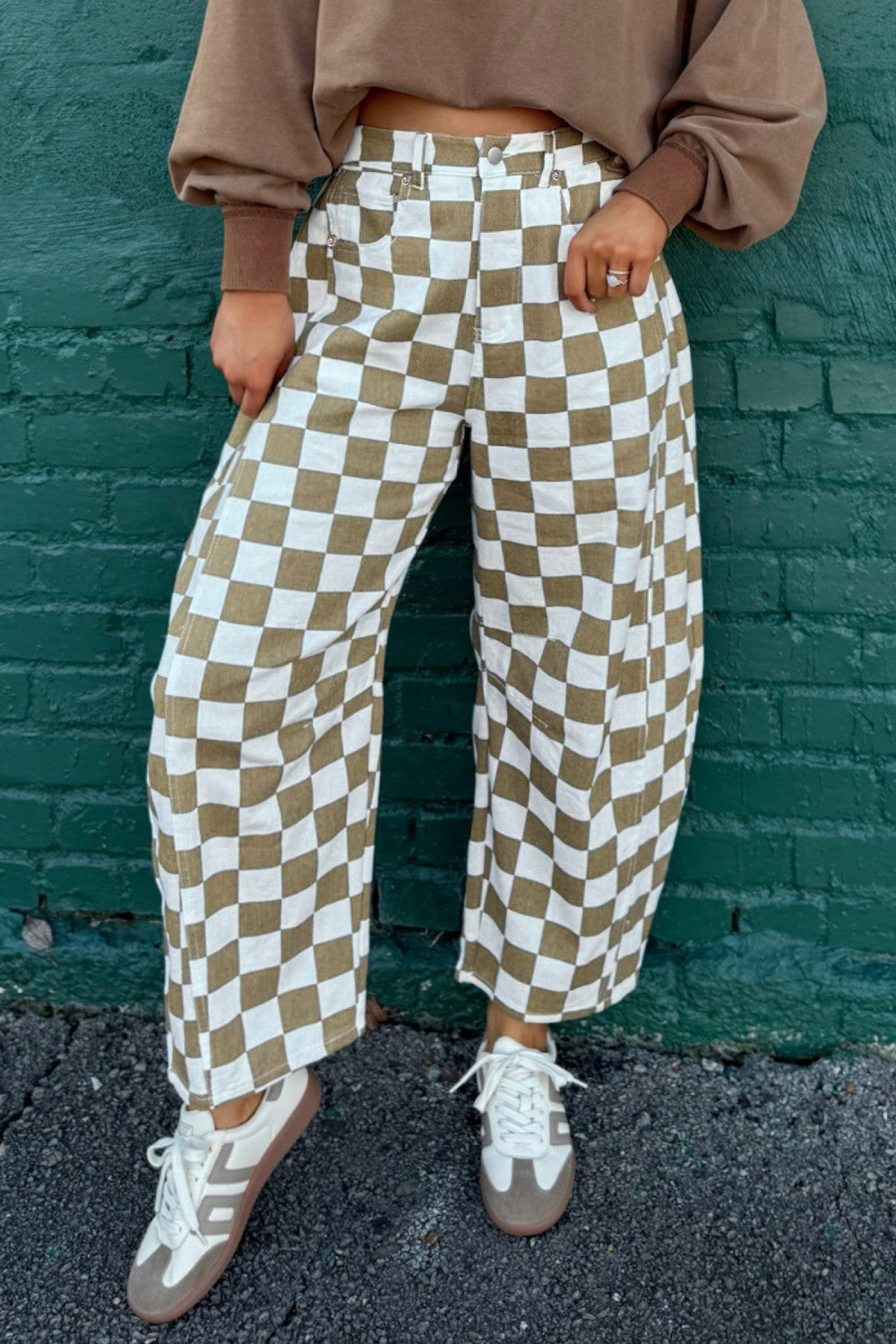 White Checkered Print Denim Barrel Pants - PREORDER