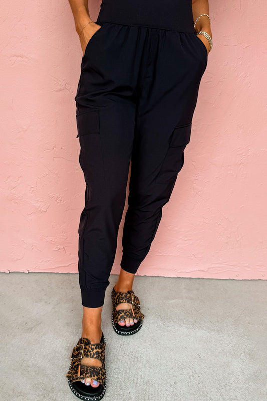 Black Elastic High Waist Pocketed Cargo Jogger Pants - PREORDER