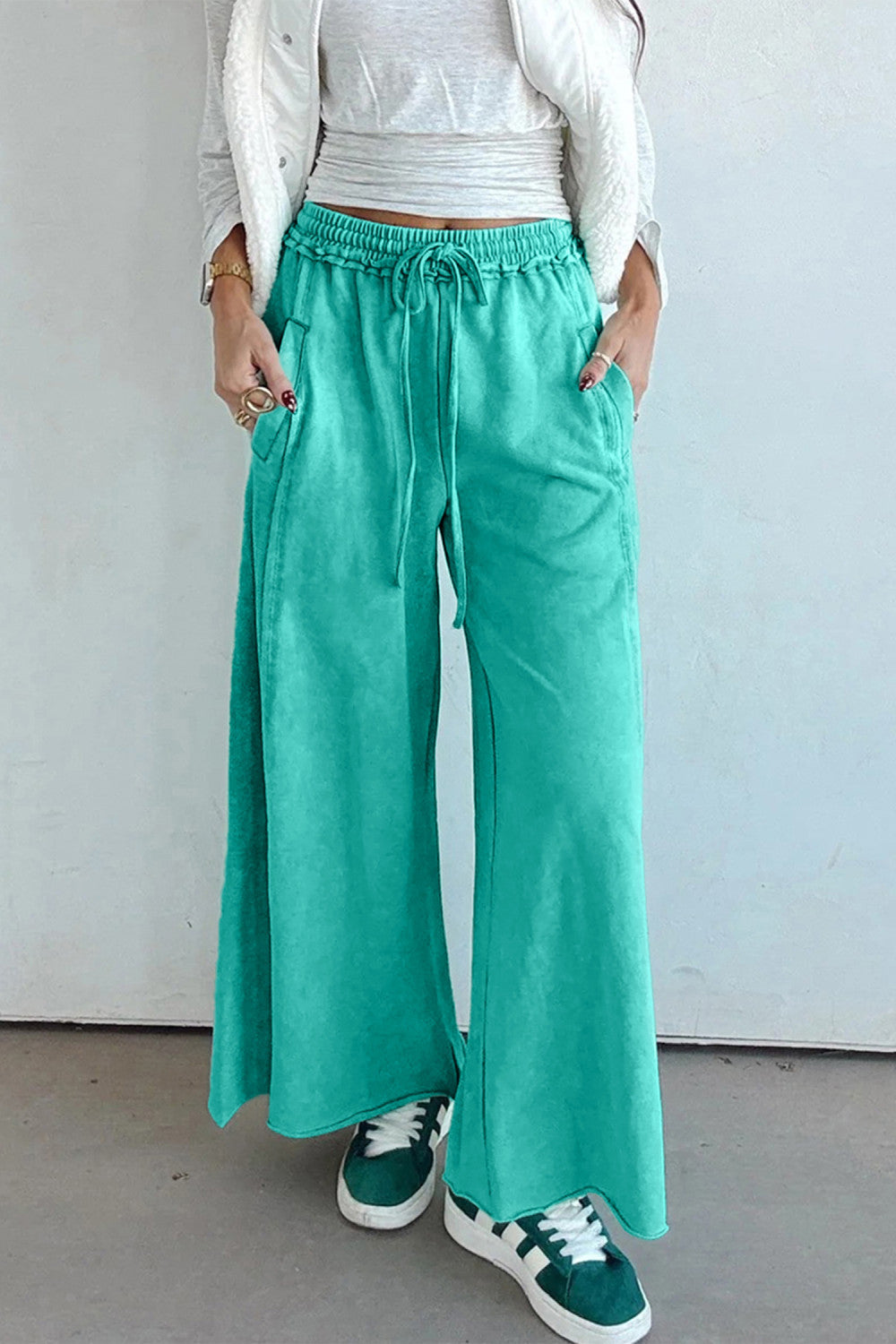 Sea Green Mineral Wash Drawstring Elastic Waist Raw Hem Loose Pants - PREORDER