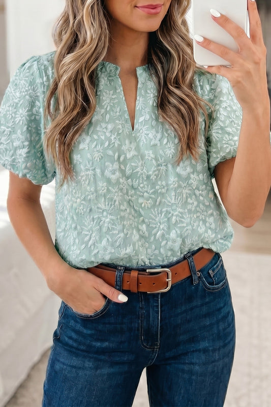 Iceland Blue Floral Textured Jacquard Puff Sleeve Blouse - PREORDER