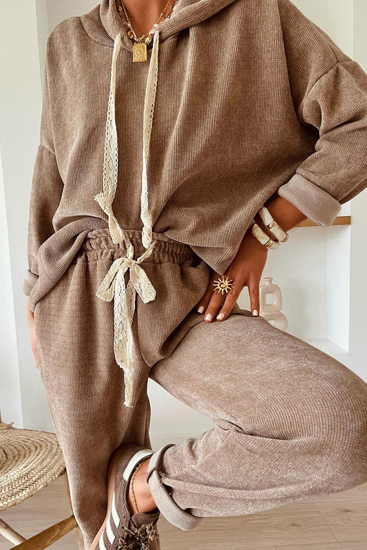 Brown Lace Drawstring Pullover Hoodie and High Waist Pants Corduroy Suit - PREORDER