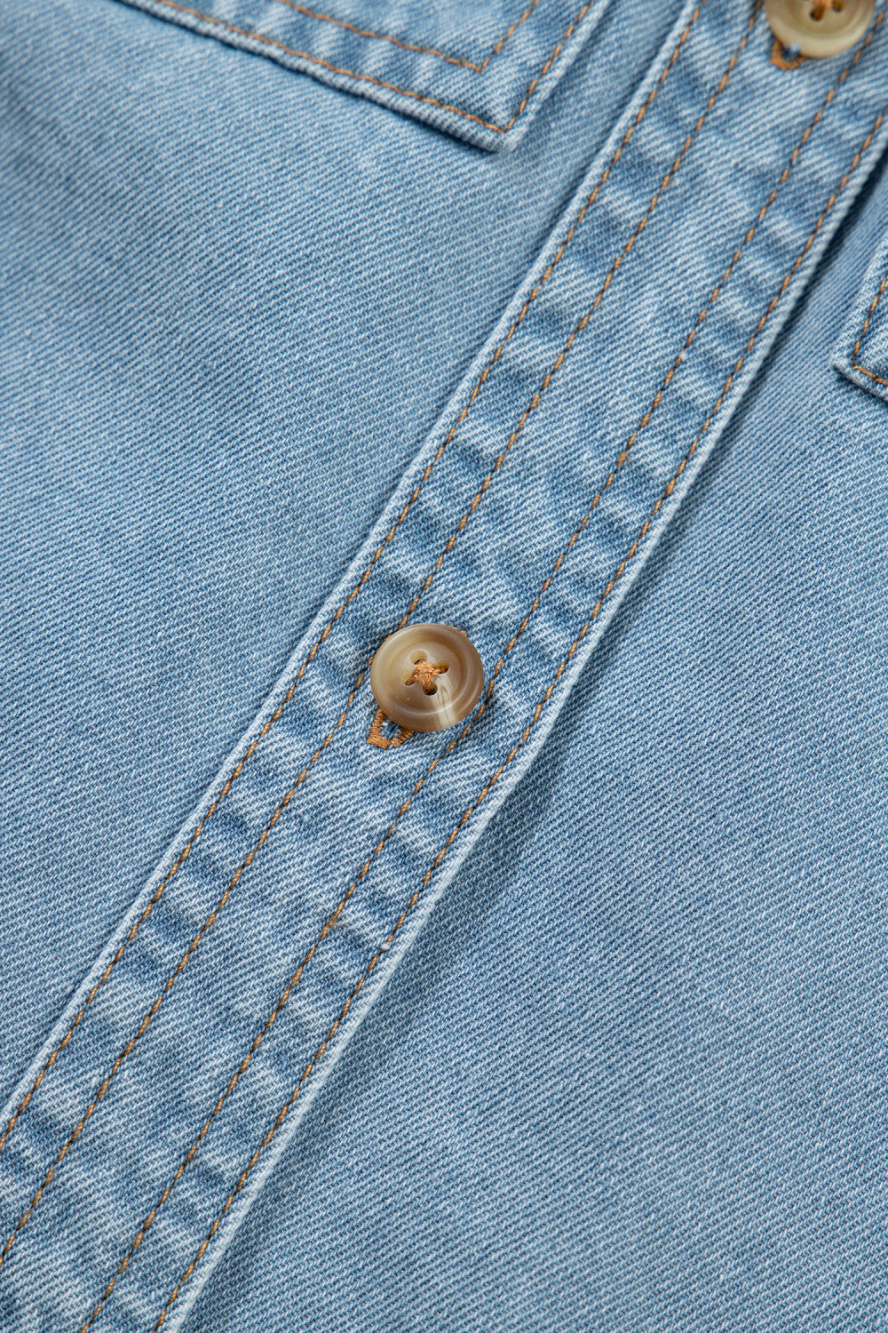 Myosotis Ruffle Detail Short Puff Sleeve Button Down Flap Pocket Denim Shirt - PREORDER