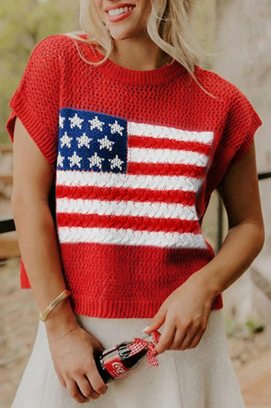 Fiery Red Flag Graphic Short Sleeve Sweater Top - PREORDER