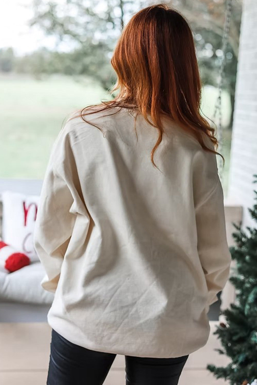 White Pearl Plaid Christmas Tree Patched Drop Shoulder Sweatshirt - PREORDER