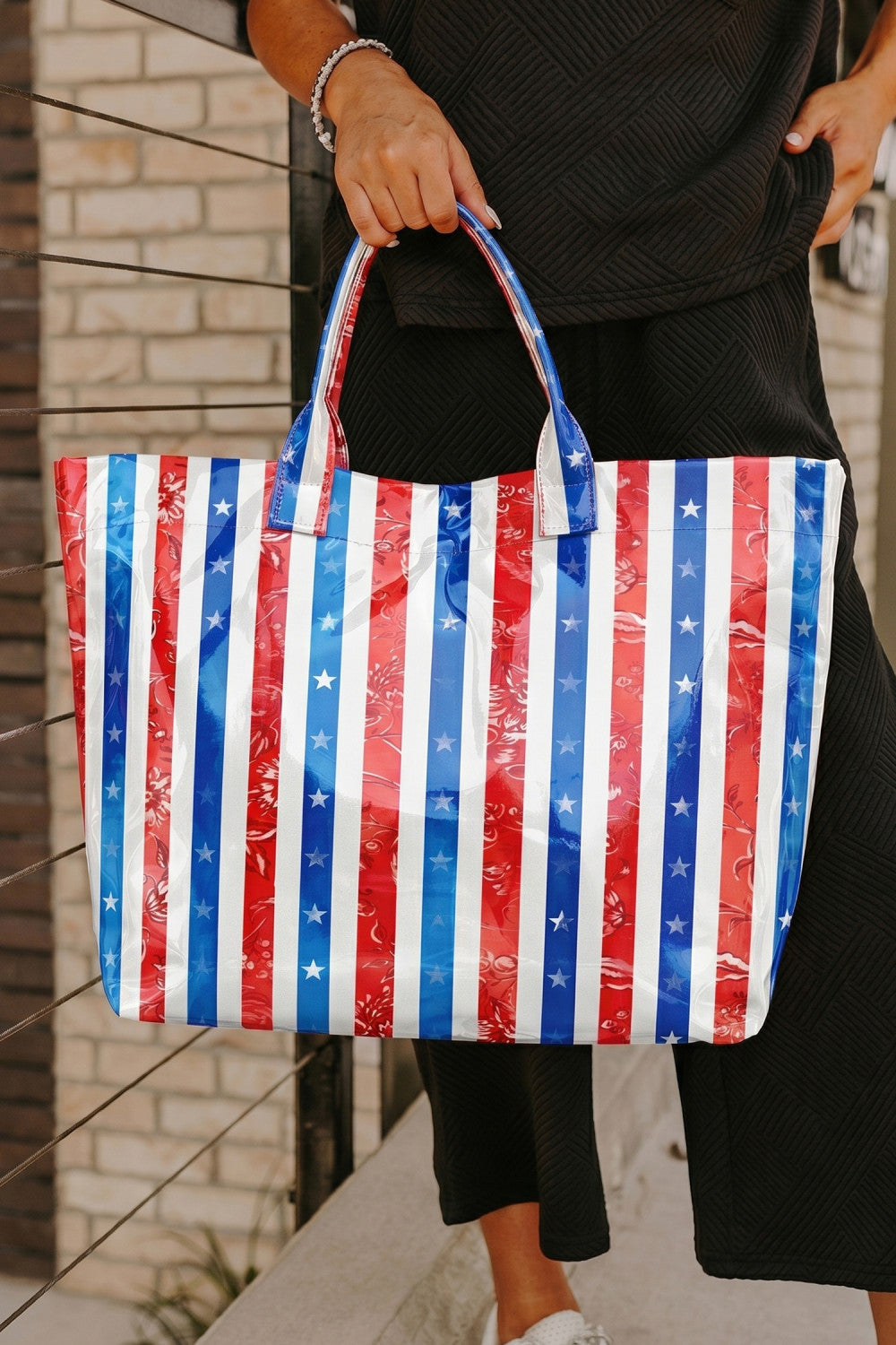 Sky Blue Patriotic Stars and Stripes Pattern Vinyl Glossy Tote Bag - PREORDER