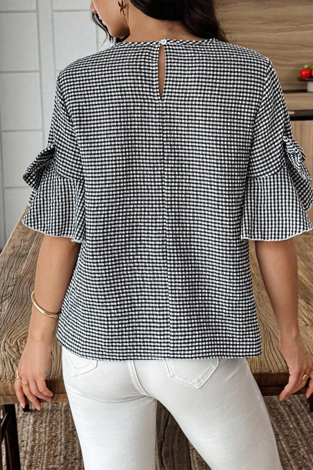 Black Plaid Bow Ruffled Half Sleeve Round Neck Blouse - PREORDER