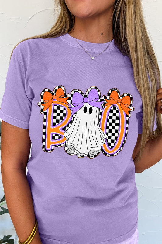 Boo Checkered Bow Ghost Halloween Graphic Tee - PREORDER