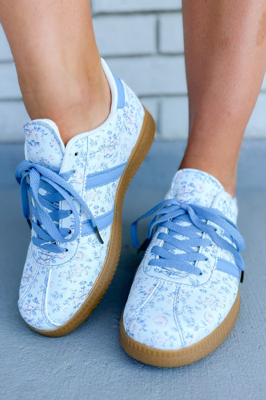 Light Blue Floral Print Lace-up PU Leather Flat Shoes - PREORDER