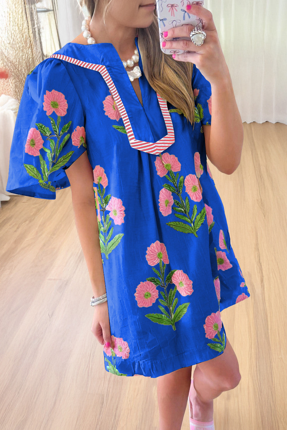 Blue Floral Short Sleeve Split Neck Loose Mini Dress - PREORDER