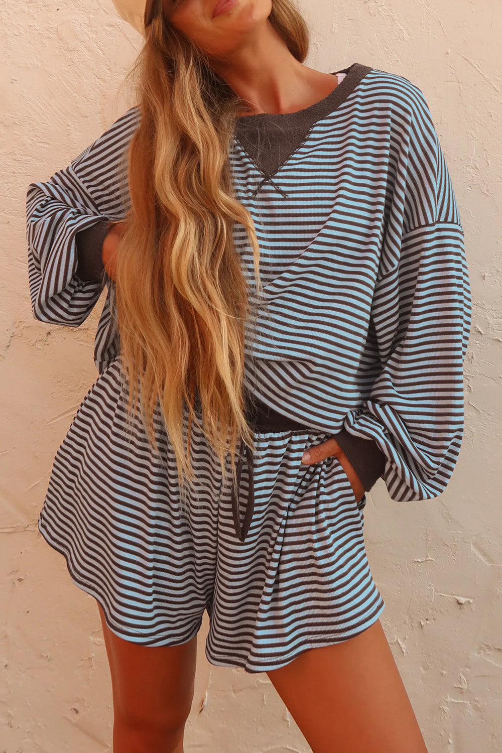 Brown Stripe Oversized Long Sleeve Top Drawstring Loose Shorts 2pcs Set - PREORDER