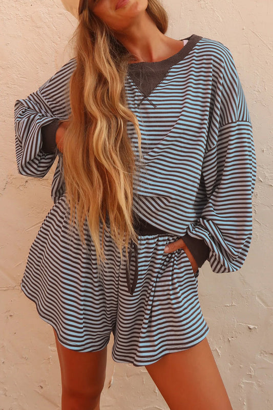 Brown Stripe Oversized Long Sleeve Top Drawstring Loose Shorts 2pcs Set - PREORDER