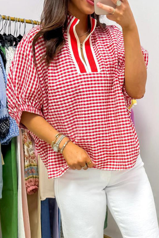 Red Gingham Short Sleeve Colorblock Trim Split Neck Blouse