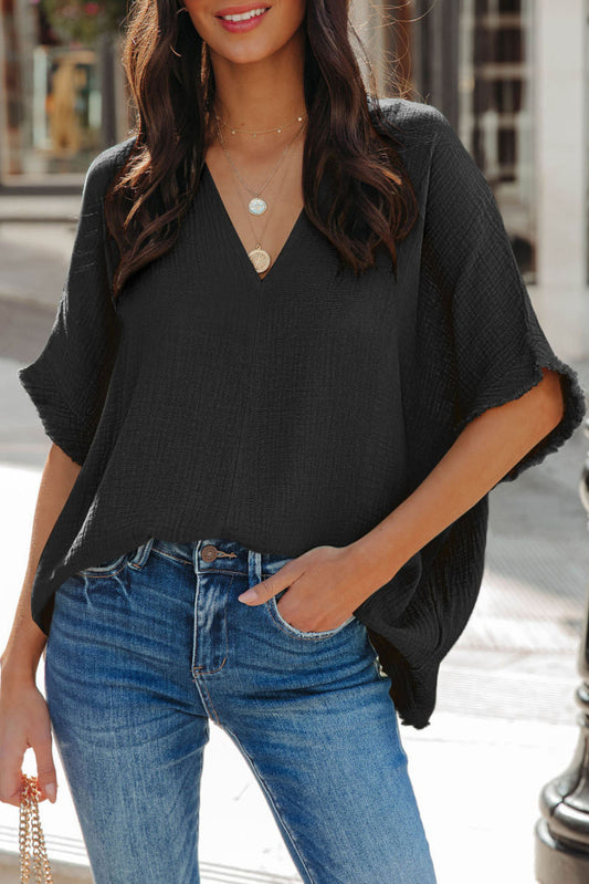 Black Frayed Batwing Sleeve Textured Cotton Blouse - PREORDER