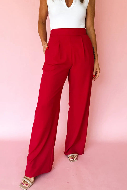 Fiery Red Pleated Detail Pull On High Elastic Waist Loose Straight Pants - PREORDER