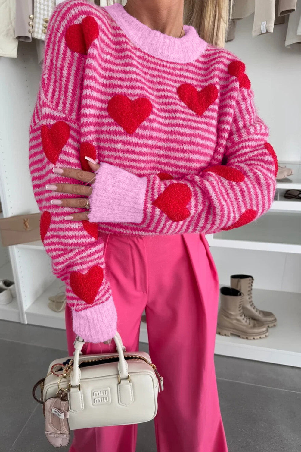 Rose Stripe Contrast Heart Pattern Brushed Knit Sweater - PREORDER