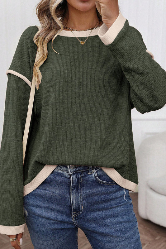 Four Leaf Clover Contrast Color Trim Knit Drop Shoulder Loose Top - PREORDER
