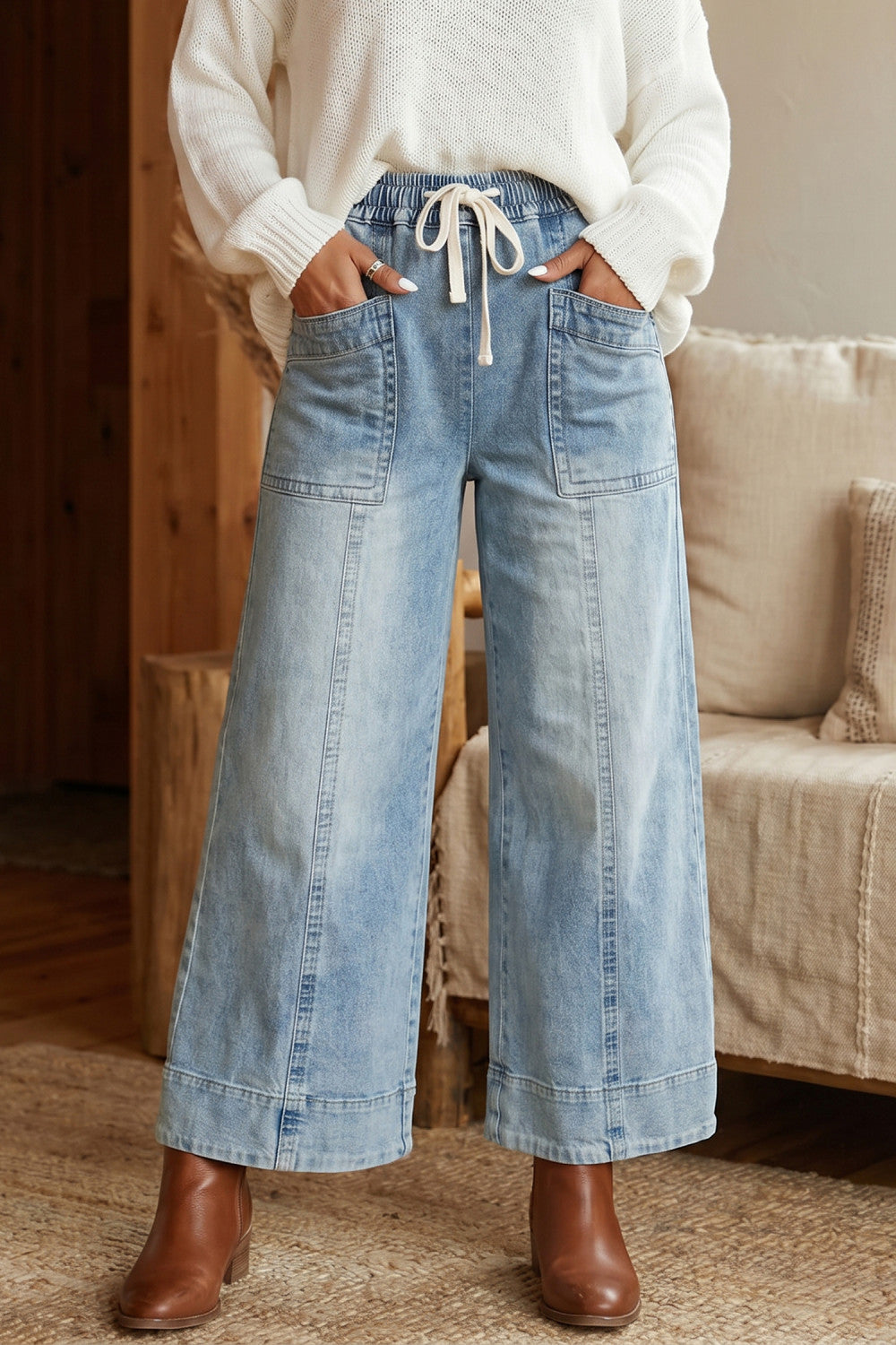 Beau Blue Drawstring Waist Wide Leg Ankle Length Jeans - PREORDER