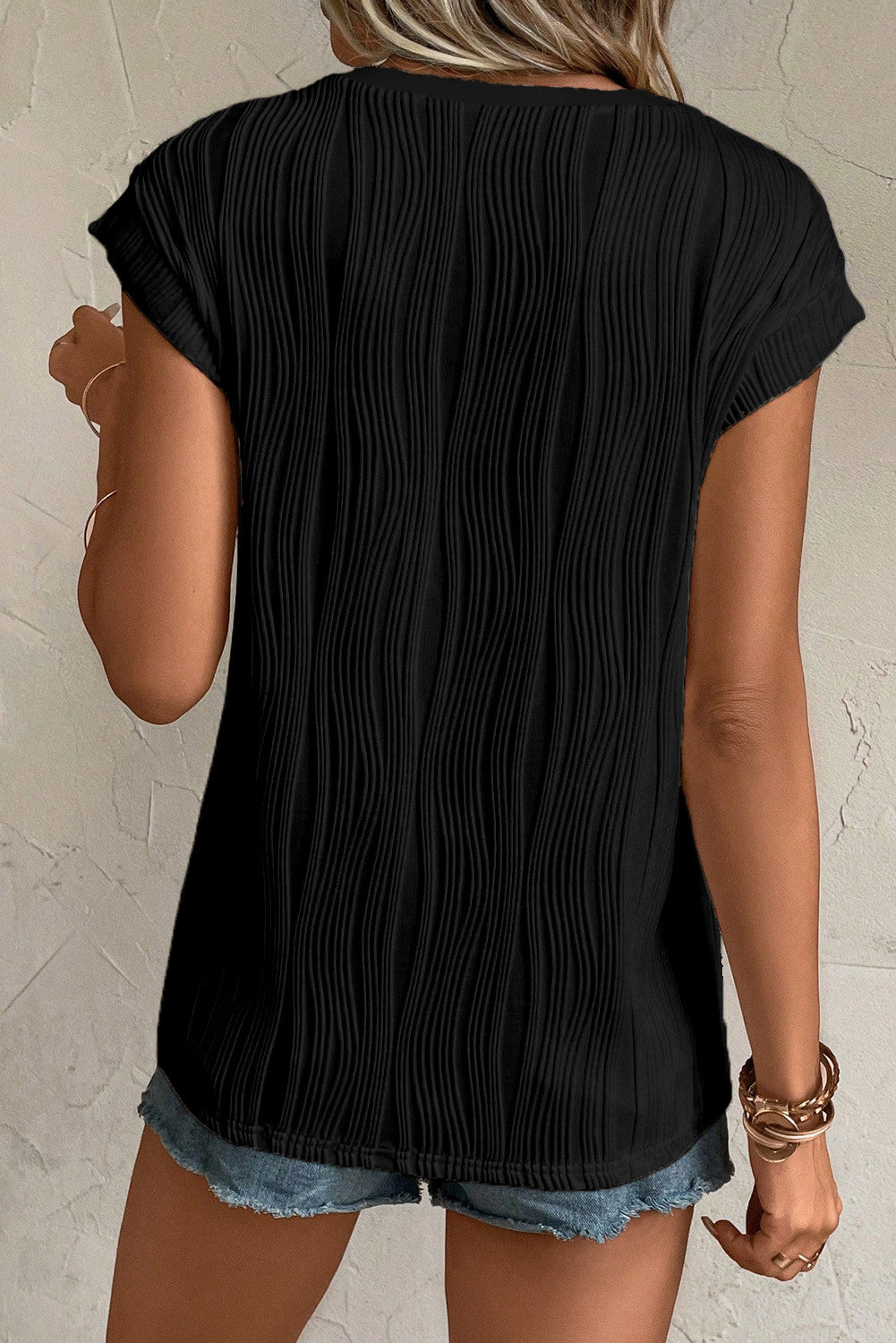 Black Wavy Textured Button V Neck Tee - PREORDER