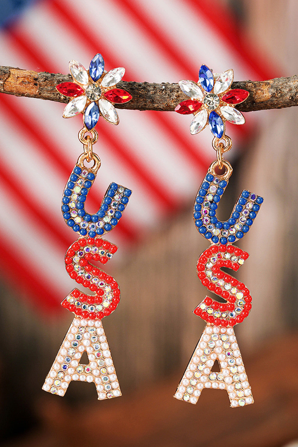 Fiery Red Beaded Rhinestone Colorblock USA Earrings - PREORDER