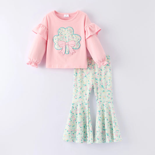 St. Patrick’S Day Sweet Clover Charm Embroidered Pink Pant Set - PREORDER