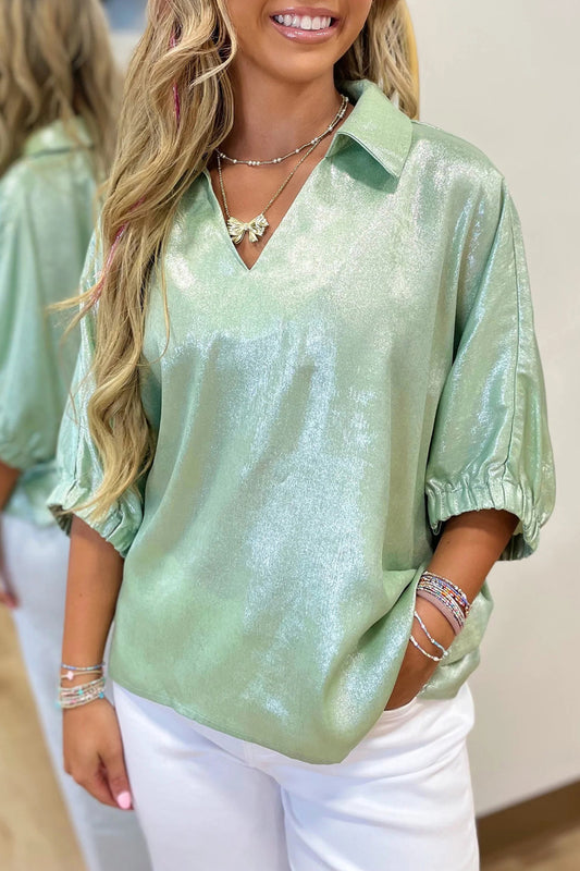 Clearly Aqua Collared V Neck Half Sleeve Metallic Top - PREORDER