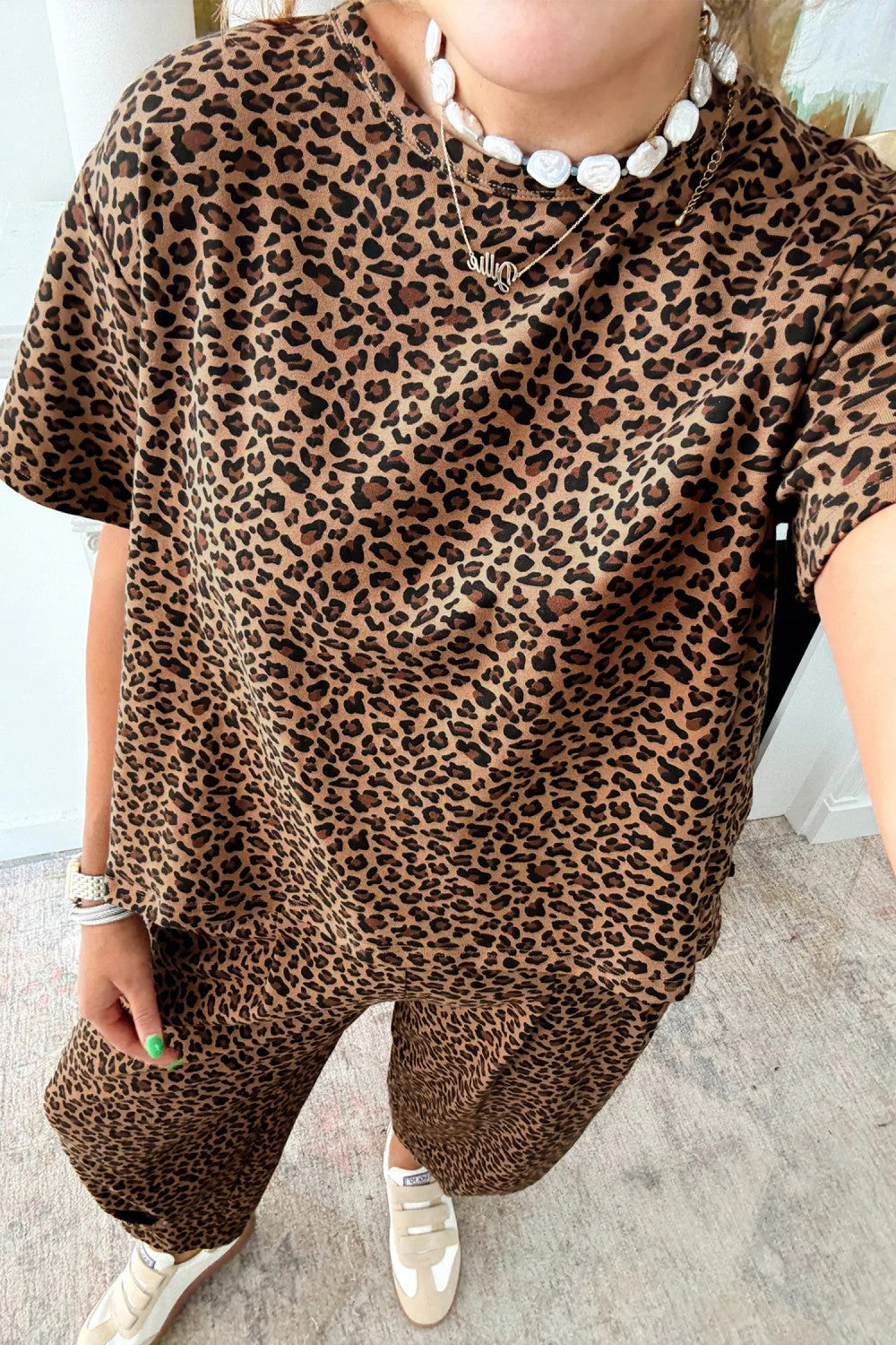 Brown Leopard Loose Tee Drawstring Waist Barrel Pants Set - PREORDER