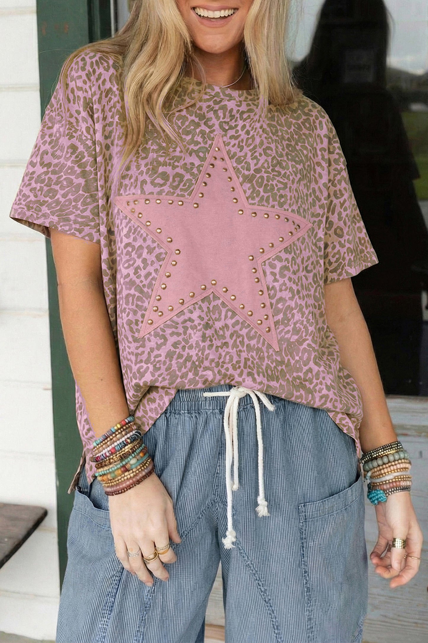 Pink Leopard Retro Studded Star Patch Loose Tee - PREORDER