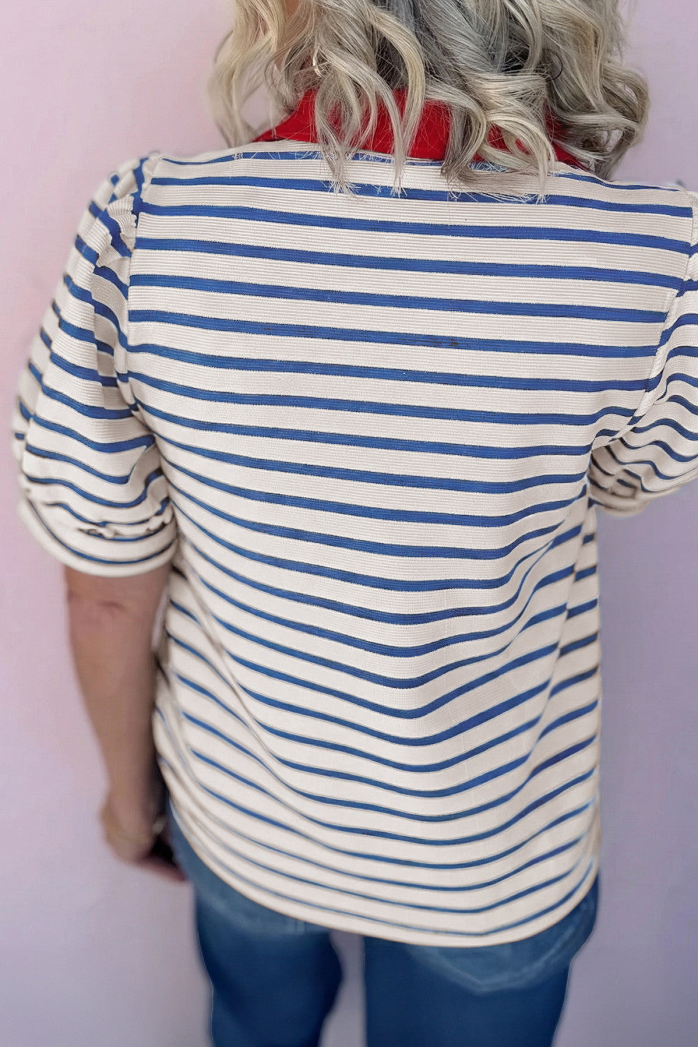 Blue Stripe Short Puff Sleeve Color Block Polo Collar Blouse - PREORDER