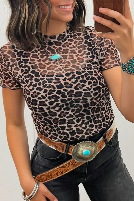 Khaki Leopard Print Sheer Mesh Short Sleeve Top - PREORDER
