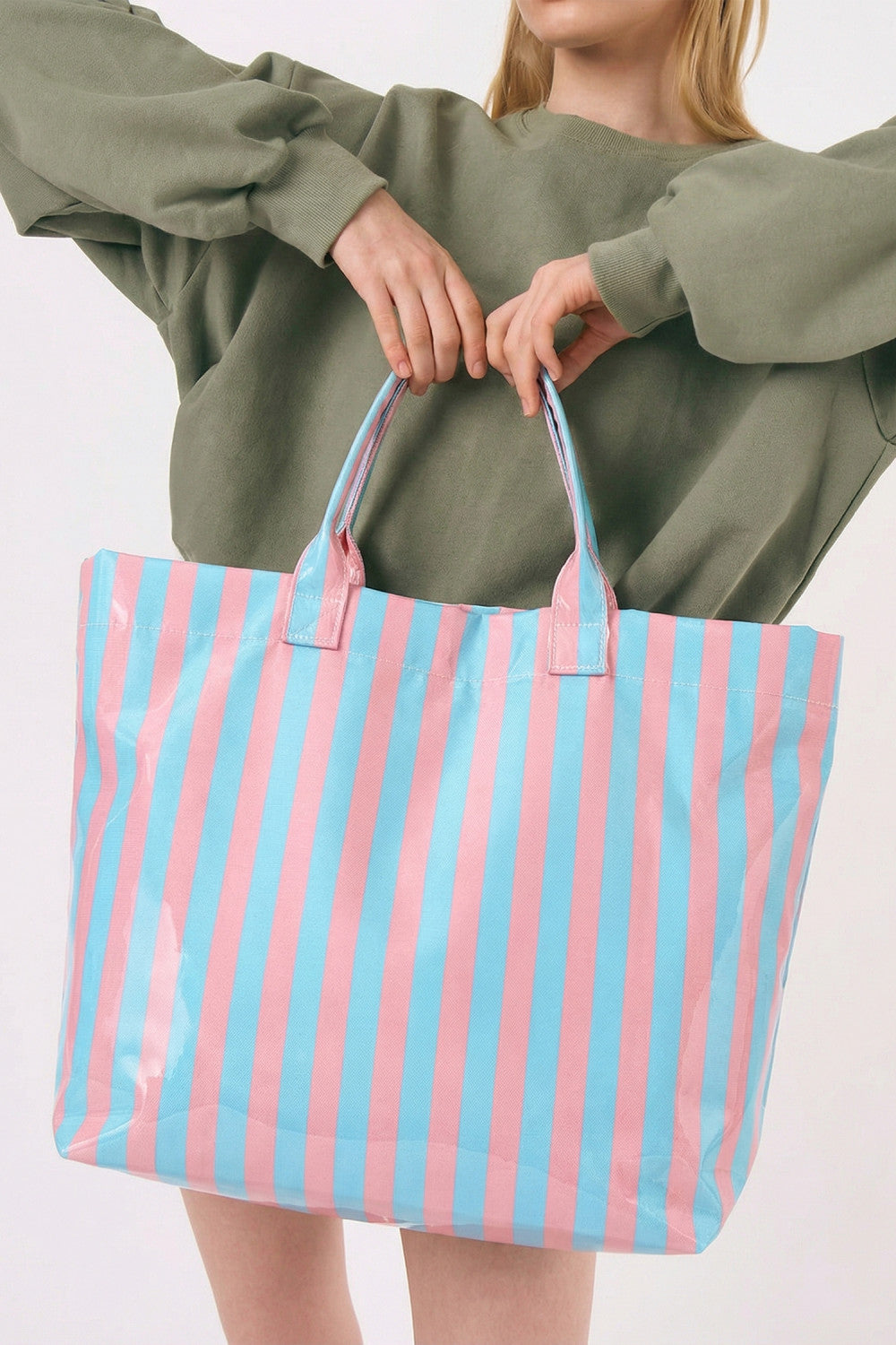 Light Blue Glossy Striped Large Tote Bag