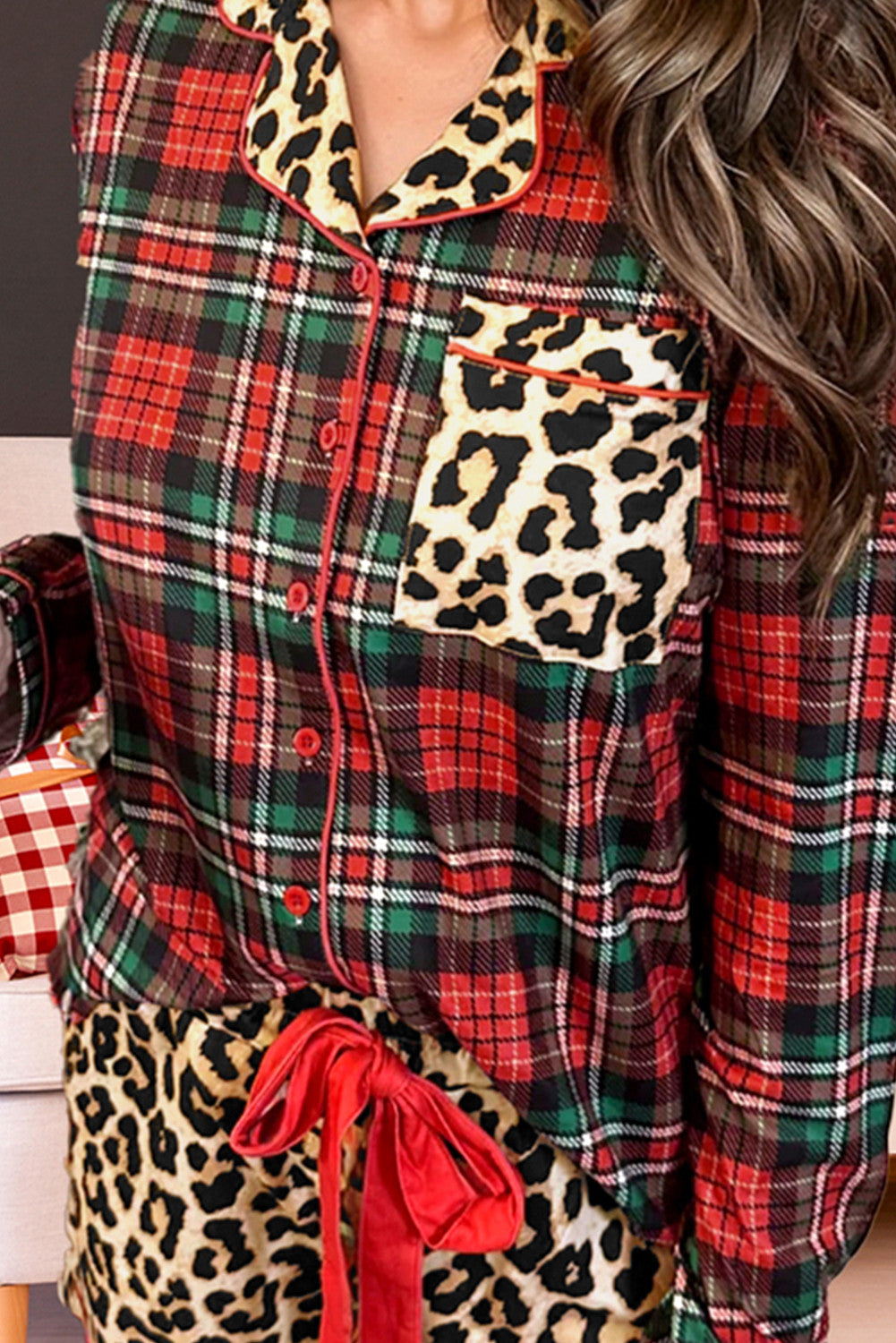 Racing Red Retro Plaid Leopard Print Patchwork Long Sleeve Shorts Pajama Set - PREORDER