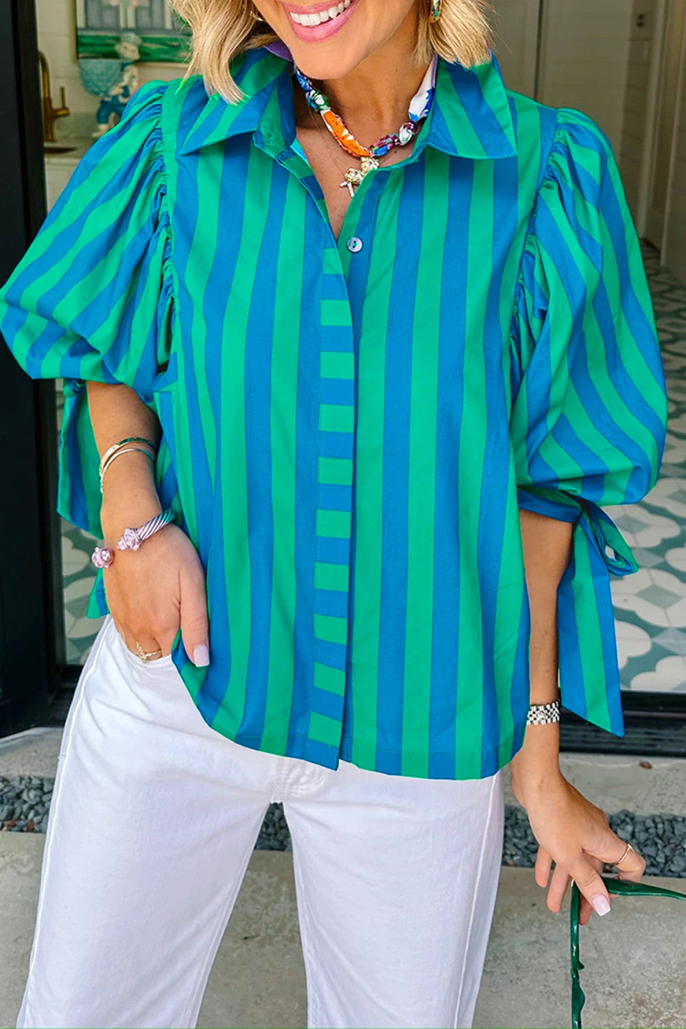 Blue Stripe Tie Puff Sleeve Womens Button Down Shirt - PREORDER