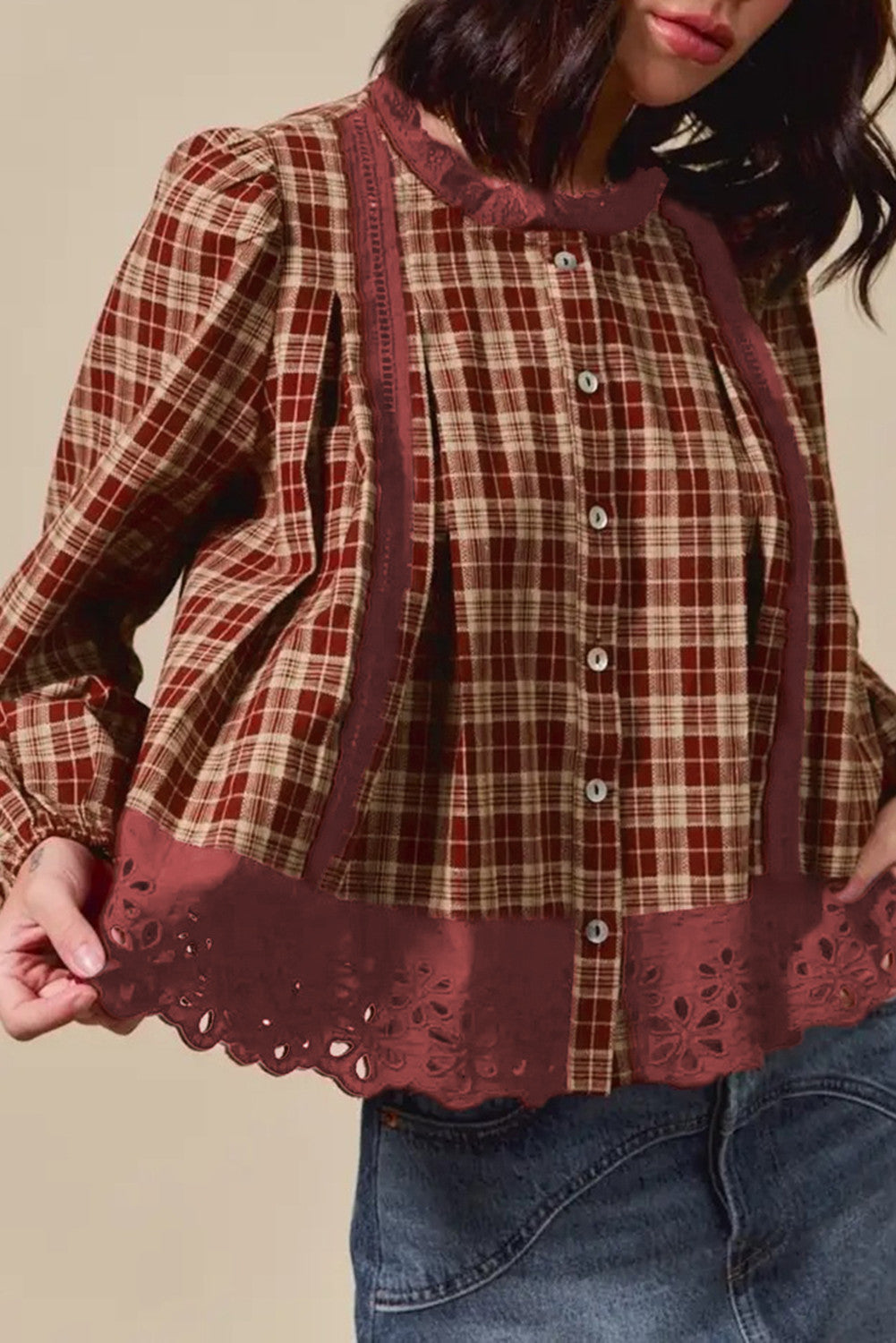 Red Dahlia Plaid Eyelet Lace Trim Button Down Loose Long Sleeve Shirt - PREORDER