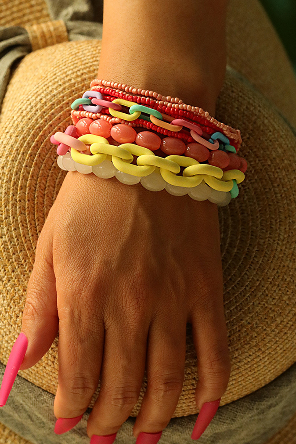 Pink Colorful Beaded Chain Link Layered Bracelet Set