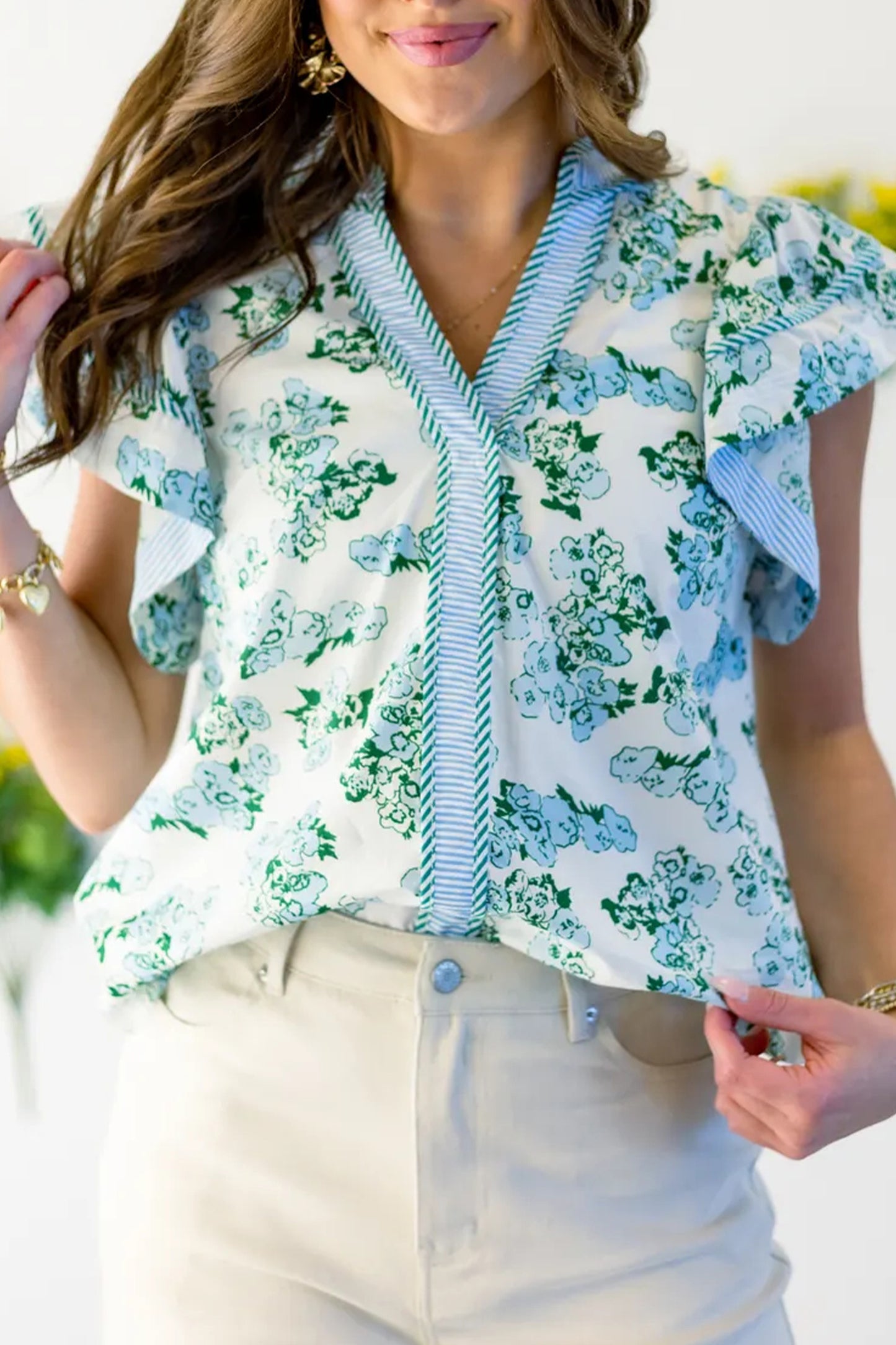 Green Floral Meets Stripes V Neck Flutter Sleeve Blouse - PREORDER