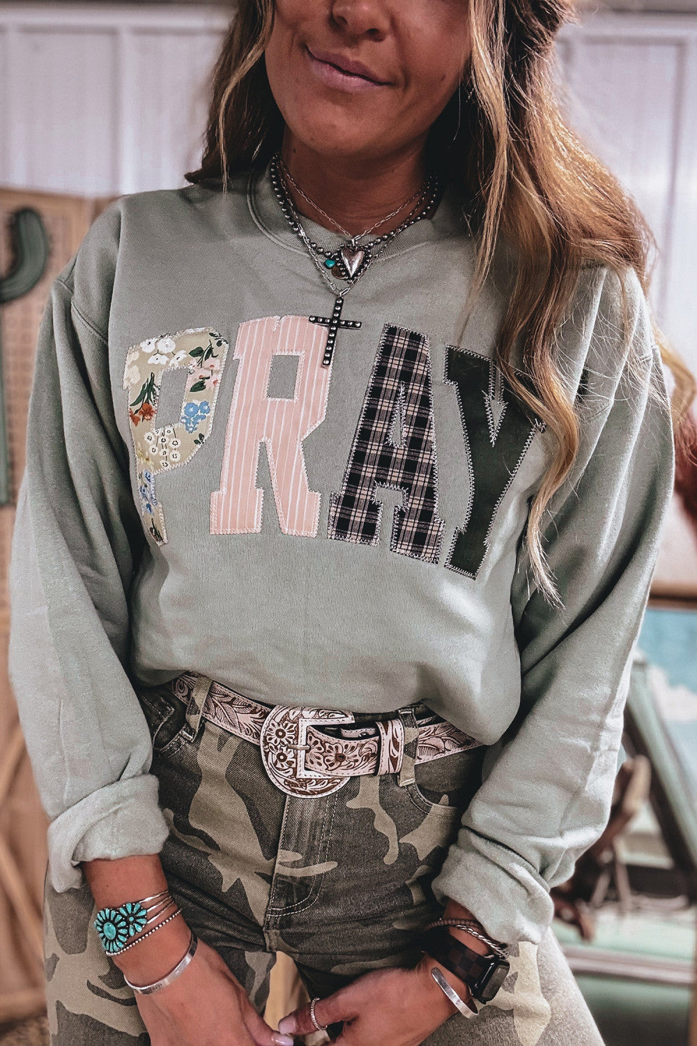 Floral Plaid Striped Embroidered Patch Western Pullover Sweatshirt - PREORDER